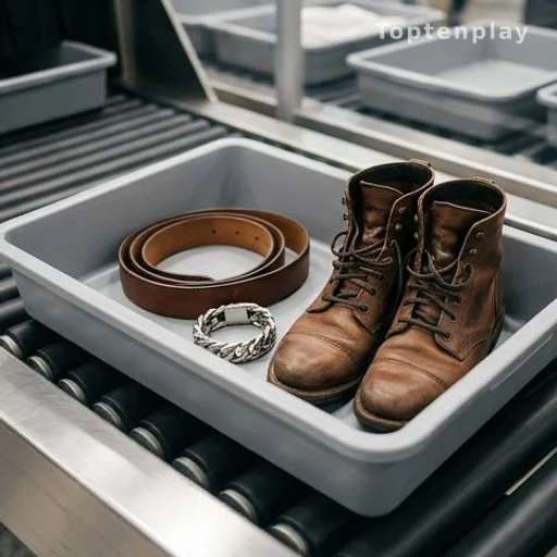 Airport security tray with belt, jewelry and boots removed before screening