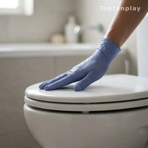 Hand closing toilet lid to prevent germ spread during flushing