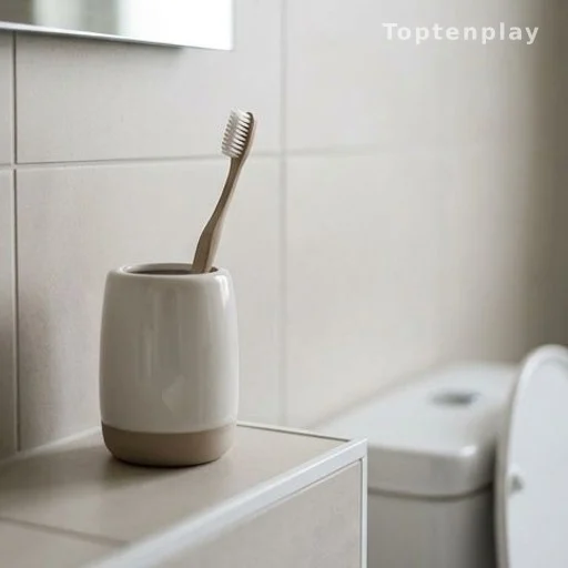Toothbrush stored safely away from toilet to avoid contamination