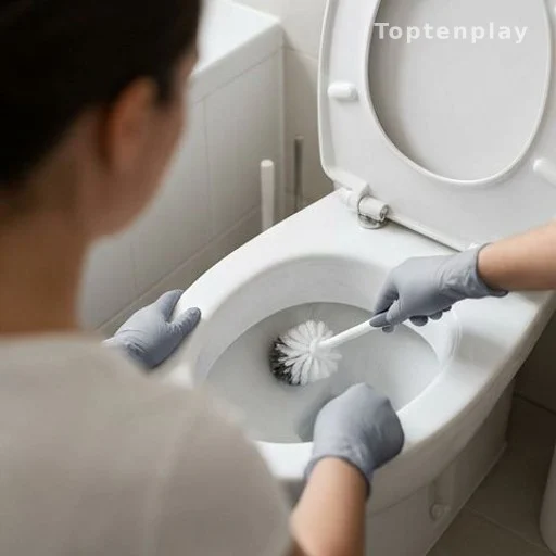 Person cleaning toilet bowl with brush, regular bathroom hygiene routine