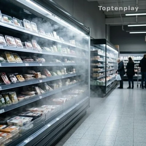 Open refrigerated cases in a supermarket aisle with cold mist