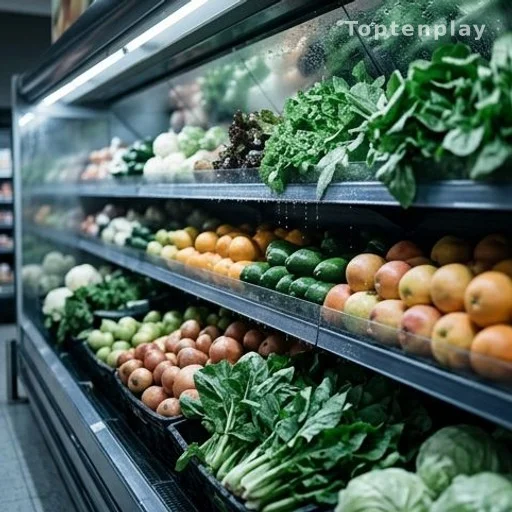 Fresh produce on a supermarket shelf with condensation showing cold storage