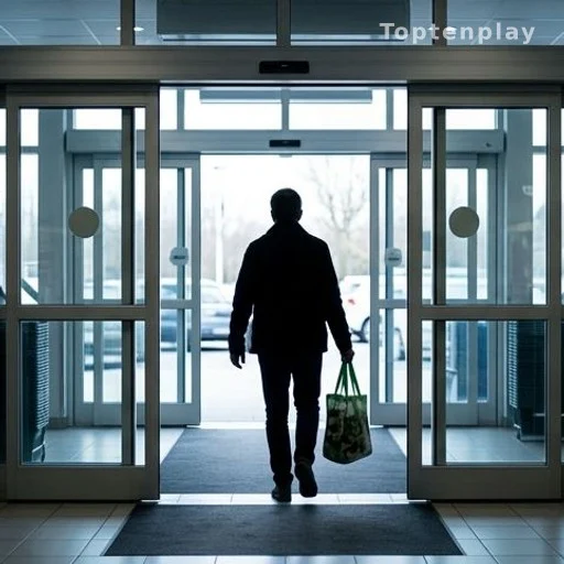 Automatic sliding doors at a supermarket entrance with a shopper silhouette