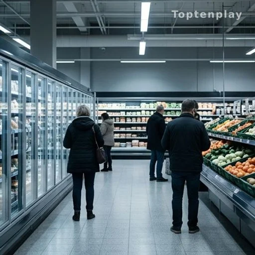 Supermarket interior with refrigerated aisles and anonymous shoppers