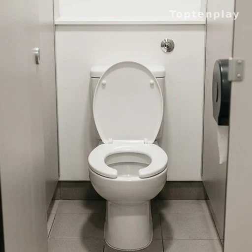 Open-front U-shaped toilet seat in a public restroom stall, plumbing code compliance