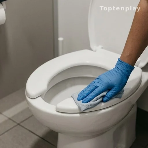 Cleaning a U-shaped public restroom toilet seat, hygiene maintenance in commercial facility