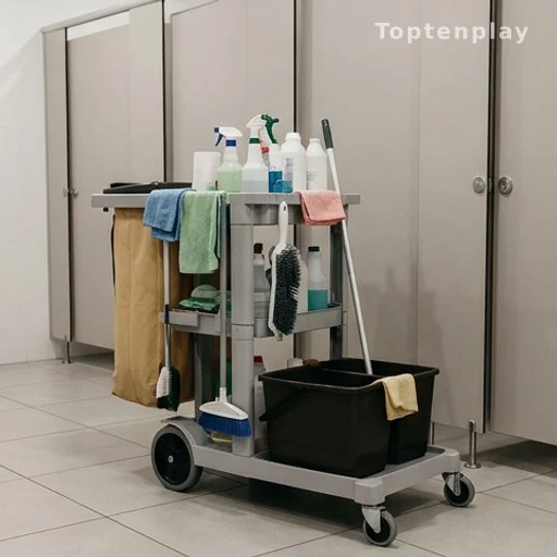 Janitorial cleaning cart outside public restroom stalls, facility maintenance and hygiene