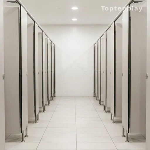 Row of public restroom stall doors in a tiled corridor, public health infrastructure design