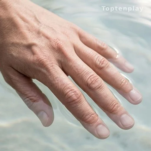 Hand submerged in water showing wrinkled fingers, natural light