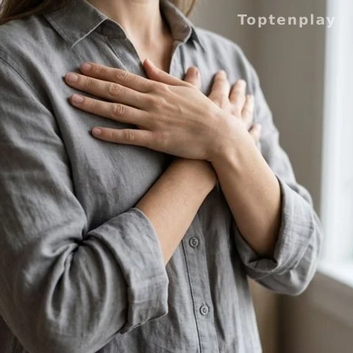 Woman crossing hands over chest illustrating breast sensitivity concept