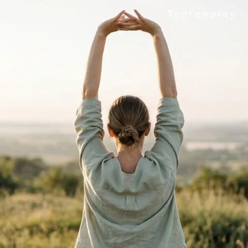 Woman stretching outdoors in minimal support top illustrating posture and chest shape
