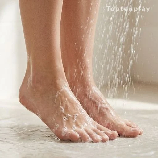 Bare feet being washed with soap in a shower, close-up view