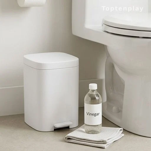 Bathroom trash can beside toilet with vinegar and cloth for weekly cleaning