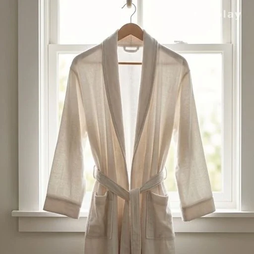 Cotton bathrobe hanging open near a sunny window to air-dry