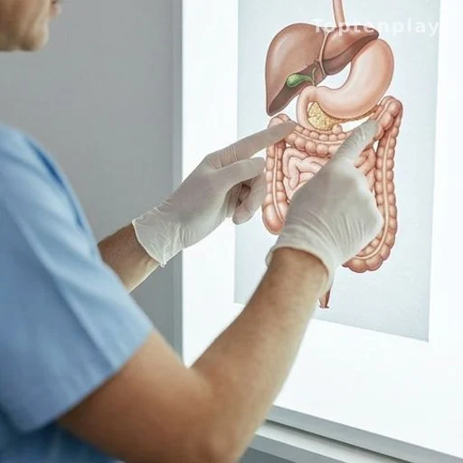 Medical professional pointing to digestive system diagram showing cancer-affected organs