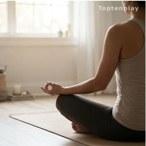 Person seated in meditation posture practicing a hand mudra, seen from behind in morning light
