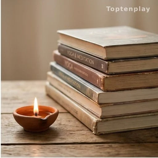 Yoga and meditation books stacked beside a traditional oil lamp on a wooden surface