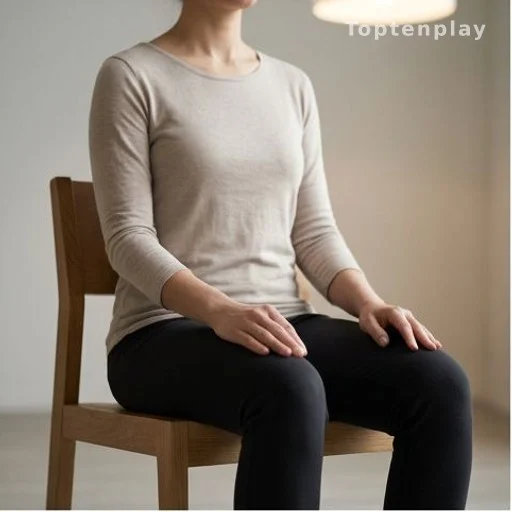 Person seated in a chair practicing a hand mudra with relaxed posture in a calm indoor setting