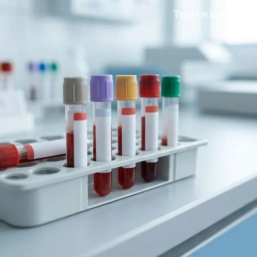 Labeled blood sample vials on a laboratory tray for blood type testing