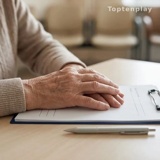 Elderly person's hands on a table in a medical consultation setting