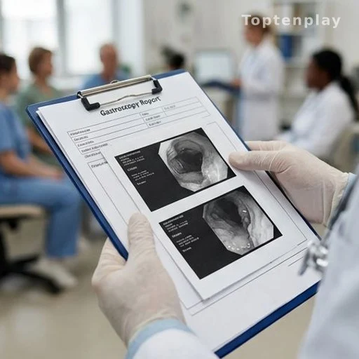 Doctor reviewing a gastric health report in a clinical setting
