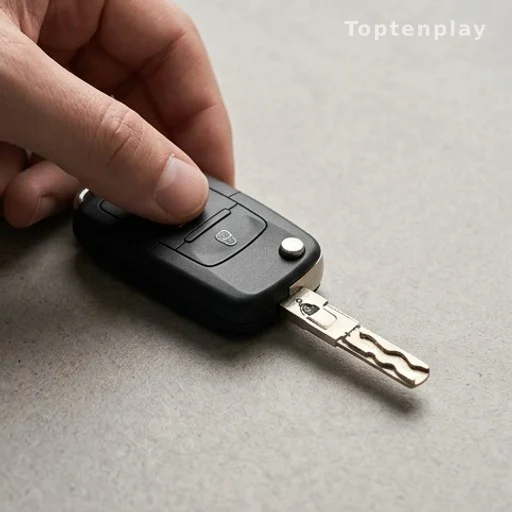 Hand releasing hidden metal key from inside a car key fob