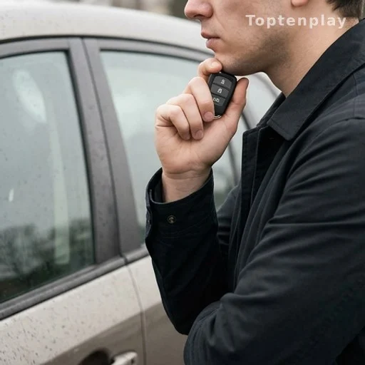 Person holding key fob under chin to boost signal near car door