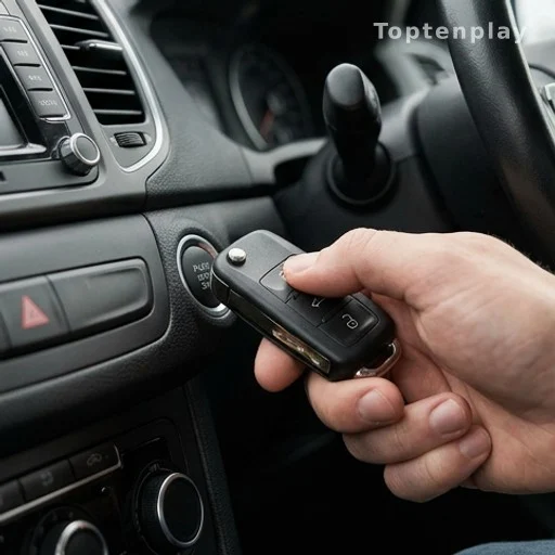 Hand pressing key fob against push-to-start button on car dashboard