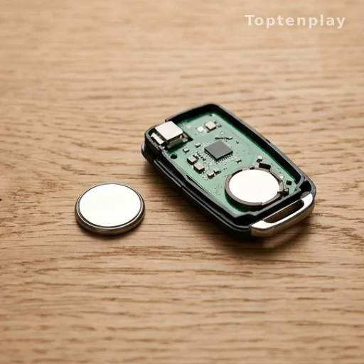 Coin cell battery and open key fob casing on a wooden table