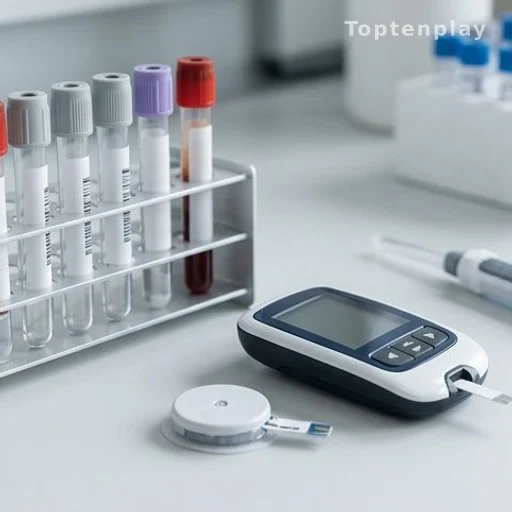 Blood glucose monitor and test tubes on a medical laboratory bench