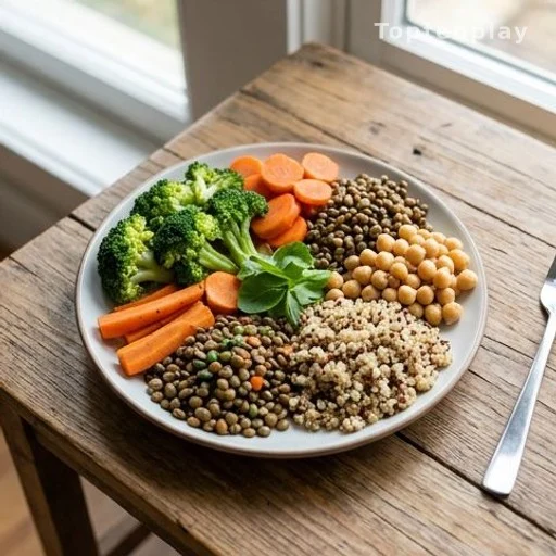 Colorful plant-based meal with vegetables and whole grains on a wooden table