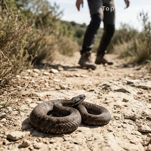 Snake on a path with person moving away in background