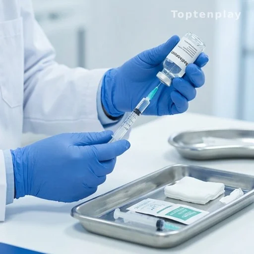 Antivenom vial and syringe prepared in a medical setting