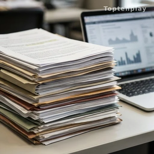 Stack of sourced documents on a journalist's desk ready for fact-checking