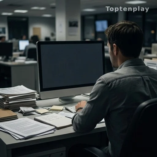 Journalist facing a blank screen in a newsroom, unable to process a source
