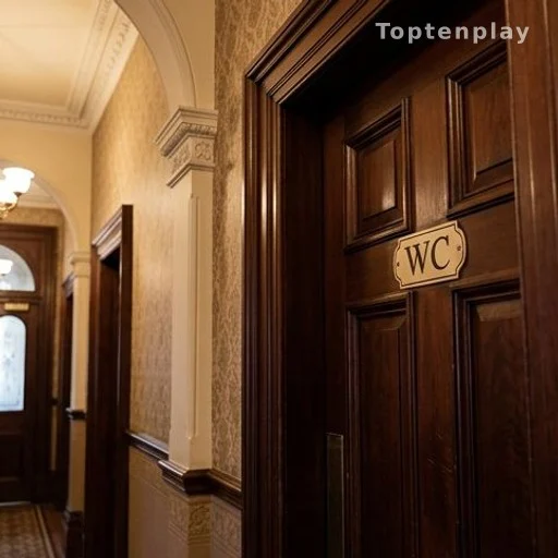 Close-up of a WC sign on a Victorian-style wooden door