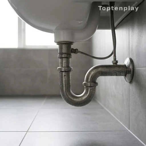 S-trap curved pipe beneath a white toilet, showing Victorian-era plumbing design