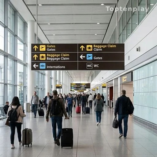 Airport corridor with WC directional sign and anonymous travelers