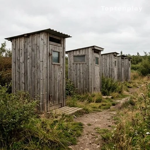 Row of basic outdoor latrines in a rural area, illustrating global sanitation gap