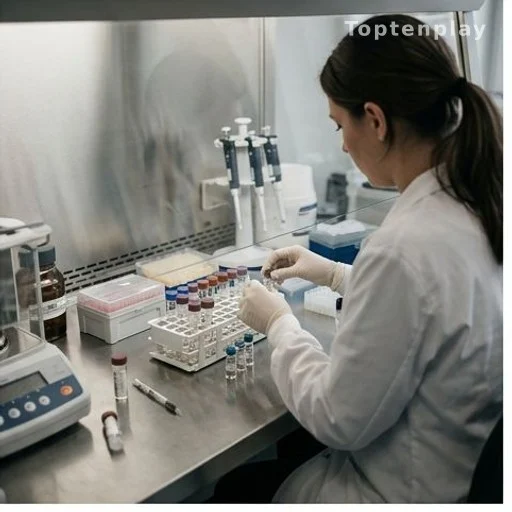 Scientist examining sample vials in a lab, illustrating research into chemical compounds and human behavior
